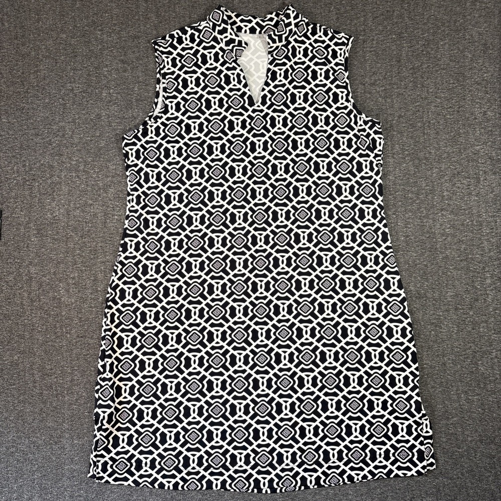 Black White Geometric Shift Dress XL Sleeveless Stand Collar Stretch Classic